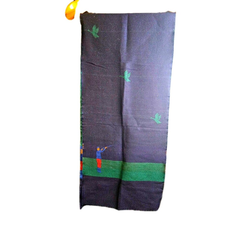 Vintage Lord & Taylor Wool Scarf Duck Hunting Motif West Germany Fringe